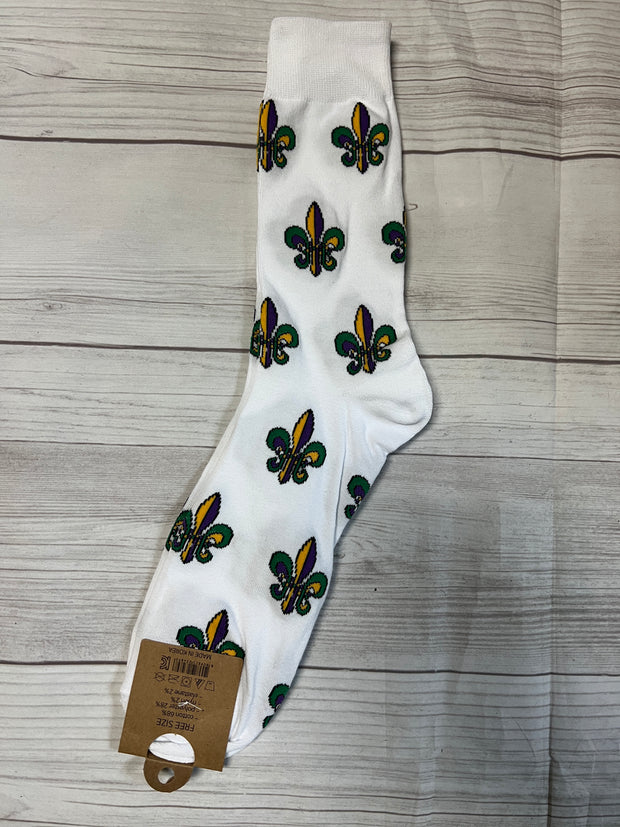 White Mardi Gras Fleur De Lis Socks