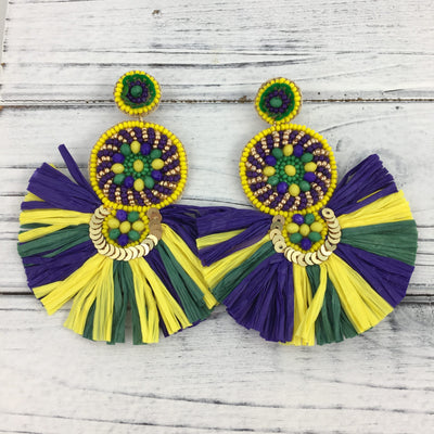 Mardi Gras Beaded Straw Tassel Earrings