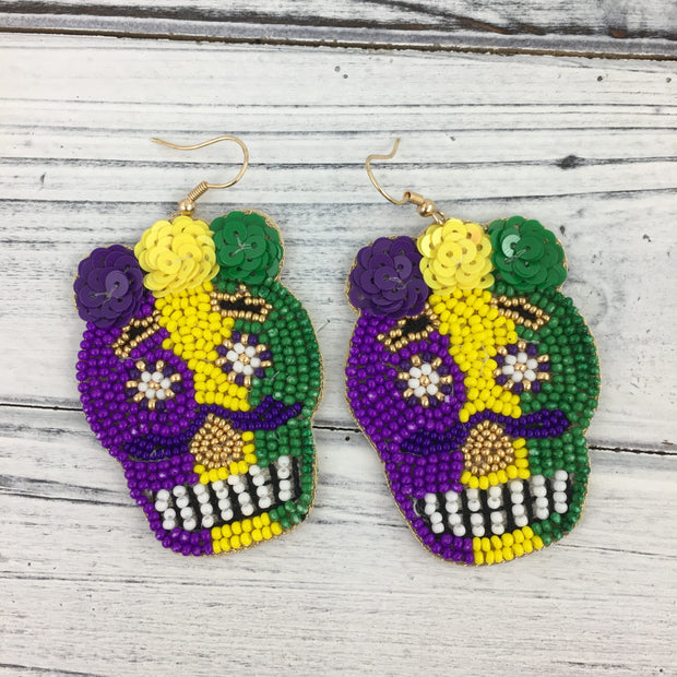 Mardi Gras Bead & Sequin Sugar Skull Earrings