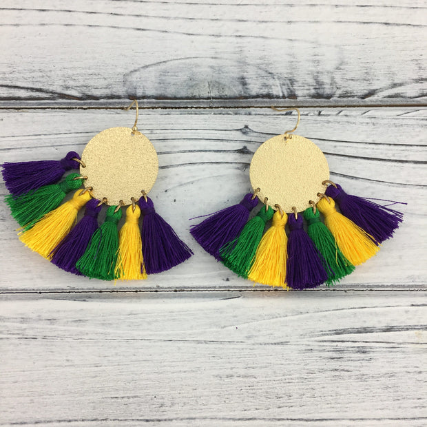 Mardi Gras Gold Disc Tassel Earrings